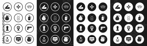 Set Brass knuckles, Military dog tag, Hand grenade, Swiss army knife, Japanese ninja shuriken, Pistol or gun and Aviation bomb icon. Vector