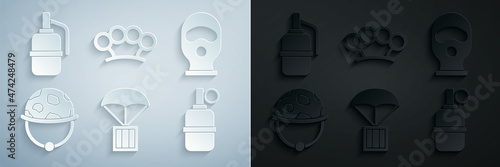 Set Airdrop box, Balaclava, Military helmet, Hand grenade, Brass knuckles and icon. Vector