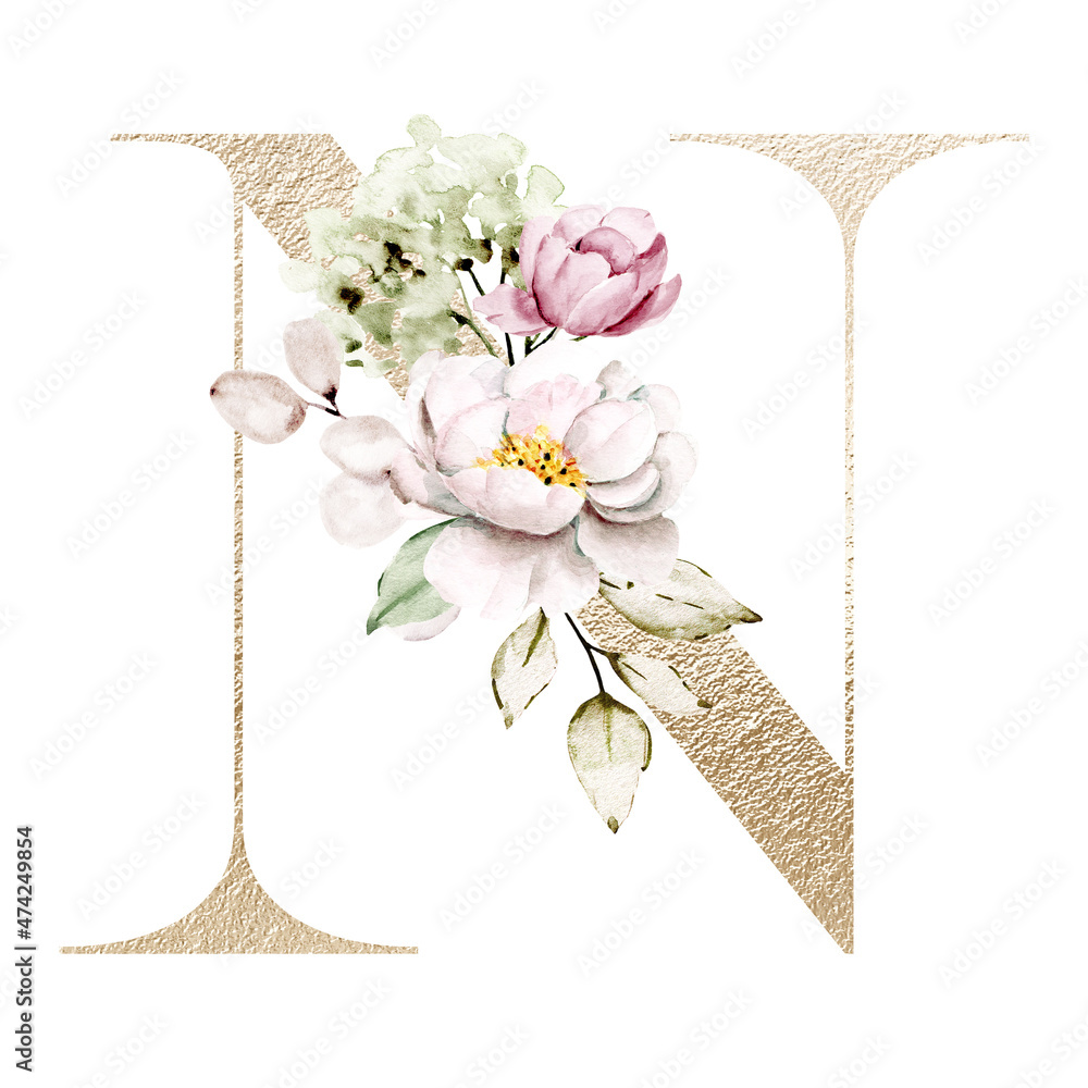 Alphabet, gold letter n with watercolor flowers and leaf. Golden ...