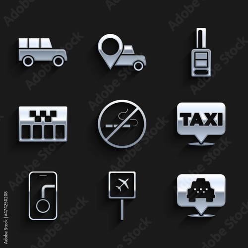 Set No Smoking, Airport, Location with taxi, City map navigation, Taximeter, Car key remote and icon. Vector