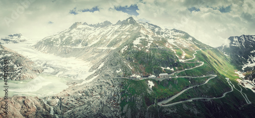 Tablou pe pânză old belvedere hotel and rodano glacier from aerial view