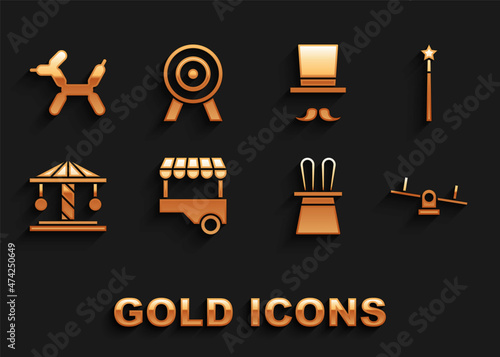 Set Fast street food cart, Magic wand, Seesaw, Magician hat rabbit ears, Attraction carousel, Balloon dog and Target icon. Vector