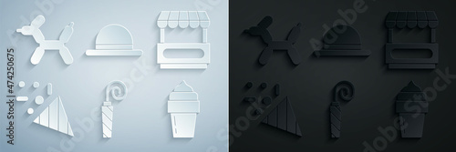 Set Birthday party horn, Fast street food cart, Festive confetti, Ice cream, Clown hat and Balloon dog icon. Vector