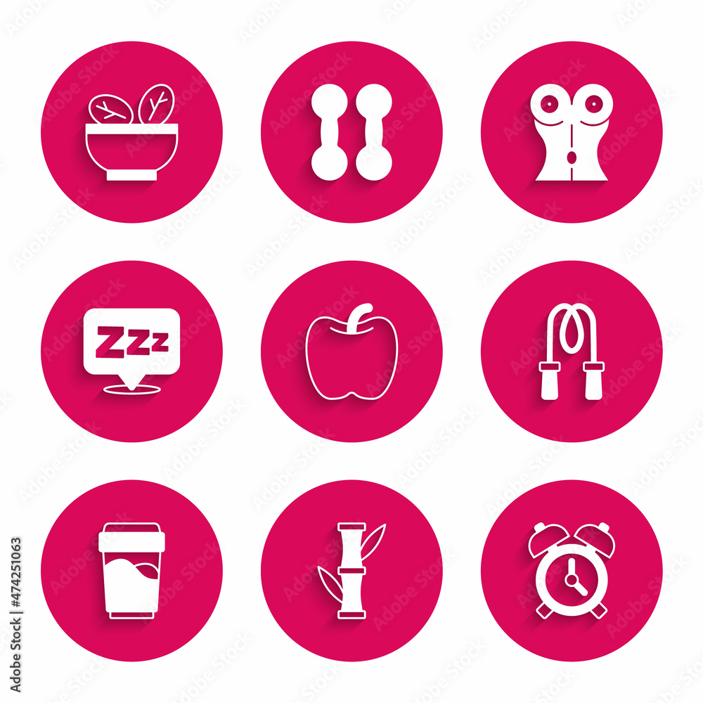Set Apple, Bamboo, Alarm clock, Jump rope, Glass with water, Sleepy, Women waist and Salad in bowl icon. Vector Set Apple, Bamboo, Alarm clock, Jump rope, Glass with water, Sleepy, Women waist and Salad in bowl icon. Vector