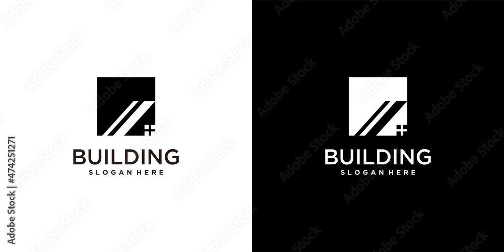 Building logo design with business card design template Premium Vector
