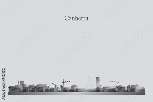 Canberra city skyline silhouette in a grayscale
