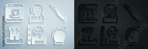 Set Suspect criminal, Bullet, Arson home, Hand grenade, Thief mask and Internet piracy icon. Vector