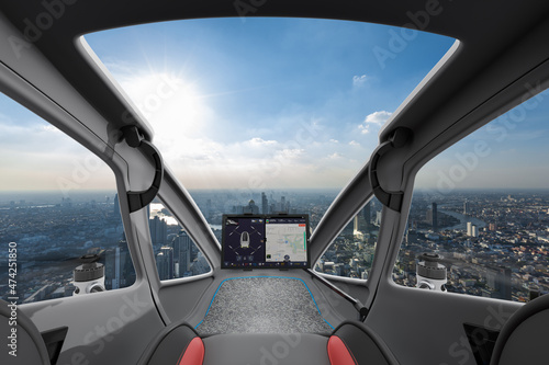 Fotografia Autonomous driverless aerial vehicle flying on city background, Future transport