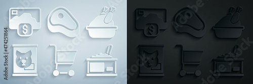 Set Shopping cart, Roasted turkey or chicken, Canned food, Tin can with caviar, Steak meat and Credit card icon. Vector