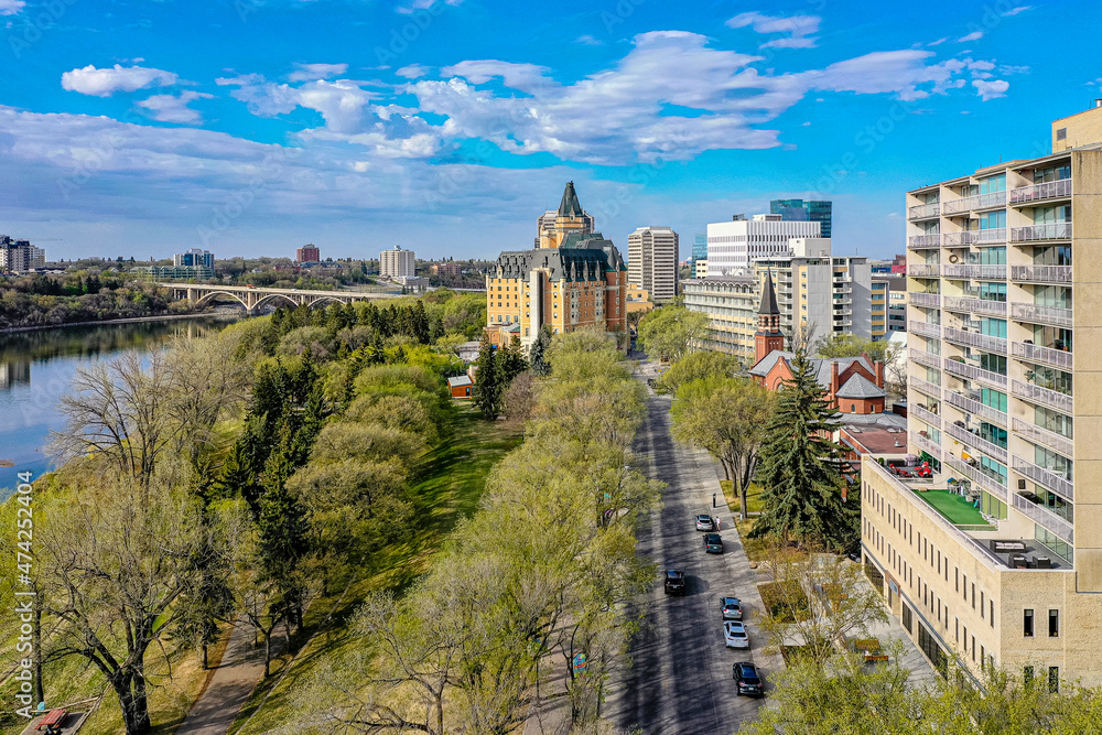 Fototapeta premium Aerial Drone View of the city of Saskatoon in Saskatchewan, Canada