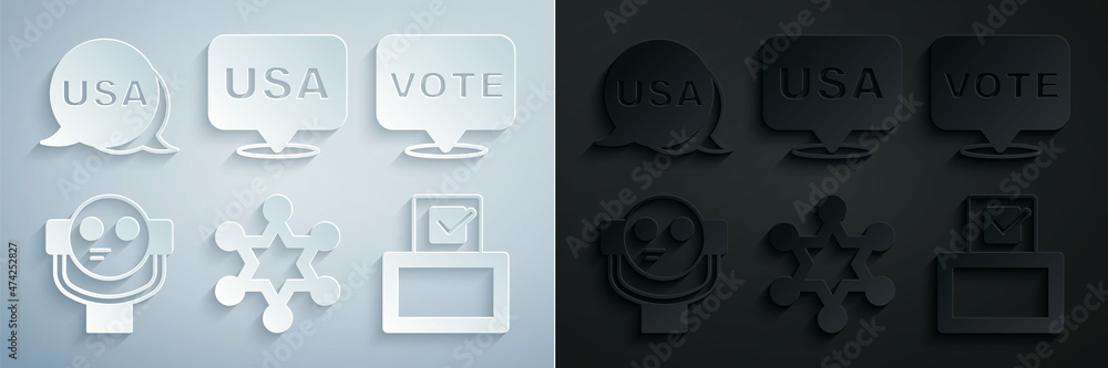 Set Hexagram sheriff, Vote, Tourist binoculars, box, USA Independence day and icon. Vector Set Hexagram sheriff, Vote, Tourist binoculars, box, USA Independence day and icon. Vector