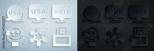 Set Hexagram sheriff, Vote, Tourist binoculars, box, USA Independence day and icon. Vector