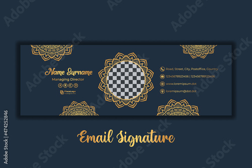 Unique golden mandala Email Signature Template. 
 A floral ornamental arabic style feminine email signature design with space for placing logo and it is fully editable business banner vector