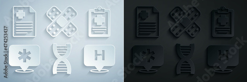 Set DNA symbol, Patient record, Location hospital, Crossed bandage plaster and icon. Vector