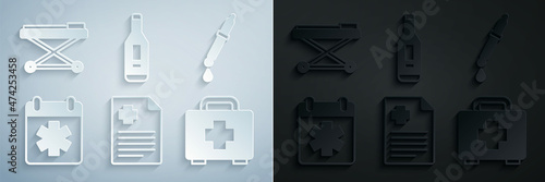 Set Patient record, Pipette, Doctor appointment, First aid kit, Digital thermometer and Stretcher icon. Vector