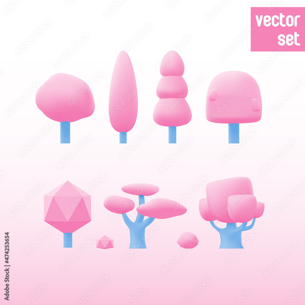 Cartoon kawaii trees vector set. 3D style illustration.