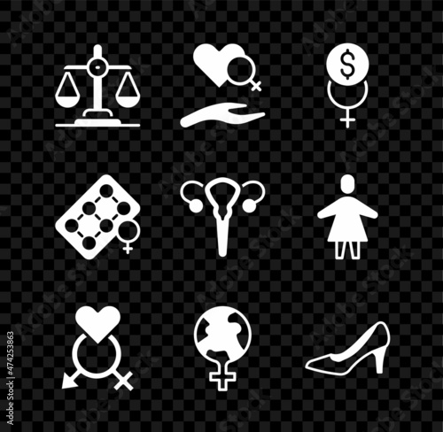 Set Gender equality, Heart with female gender, Feminism finance, the world, Woman shoe, Packaging of birth control pills and Female reproductive system icon. Vector