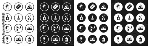 Set Oil for hair care treatment, bottle, Bottle of shampoo, Hairstyle, Scissors hairdresser, Blade razor, Human follicle and Baldness icon. Vector