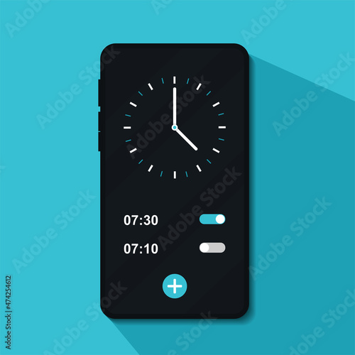 Wake up time settings. Alarm clock app on smartphone screen. Illustration vector
