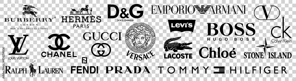 Stockvector Set of popular clothing brands: GUCCI, Prada, Louis Vuitton,  Ralph Lauren, Hermes, Coco Chanel, Burberry, Versace, Fendi, Armani,  Versage | Adobe Stock
