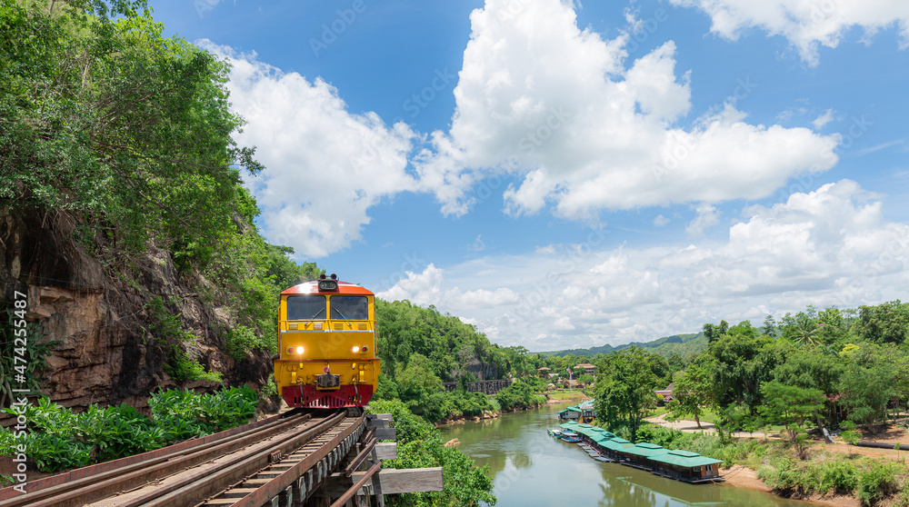 Naklejka premium Death Railway with train Famous place in Kanchanaburi Thailand