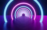 3d rendering of glowing neon ring and dark blue-purple background. Cyber Futuristic High Speed light zoom. Circles show fashion. Backdrop beam .Abstract Light fast night with way Spaceship Concept