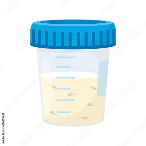 Semen analysis. Plastic container for semen sample isolated on white background. Male fertility test. Sperm donation concept. Vector illustration in cartoon style