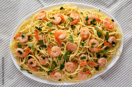 Homemade Shrimp Scampi with Pasta  overhead view. Flat lay  top view  from above.