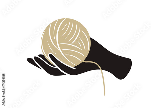 hand with a ball of knitting threads. illustration in cartoon vintage style hand-drawn