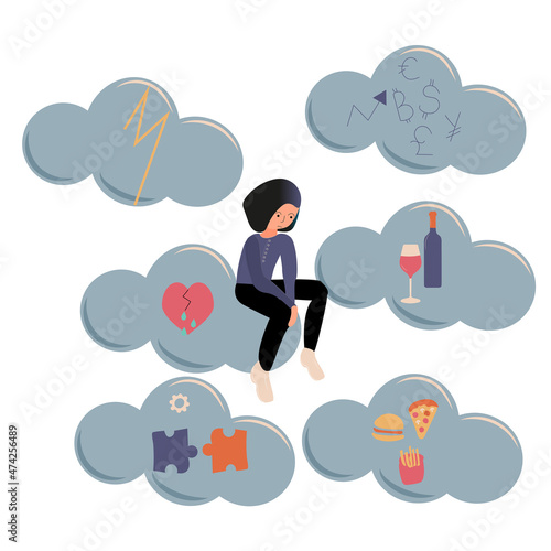 sad depressive girl on clouds with problems