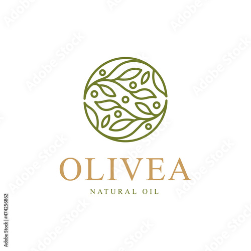 Olive oil branch logo with line art style design template