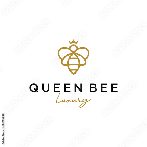 Queen bee logo with crown linear design template