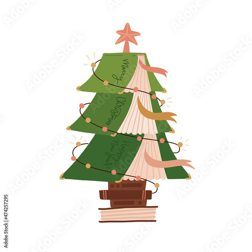 Christmas Stories concept. Green Christmas tree formed from books. Xmas symbol decorated with garland and star. Love reading creative metaphor. Vector flat hand drawn Illustration.