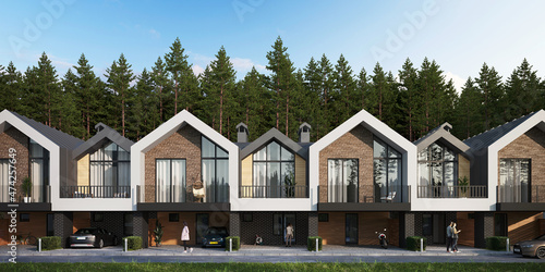 3d render of modern private townhouses in the city photo