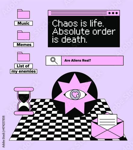 Abstract retrofuturistic collage with user interface elements looking like a program or a computer game. Vaporwave style aesthetics.
