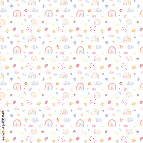Watercolor cute seamless pattern for kids. Rainbow, stars, hearts, clouds on white background pastel colors