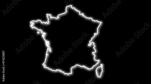 Self drawing animation of map of France territory. Black background.  Glowing line. photo