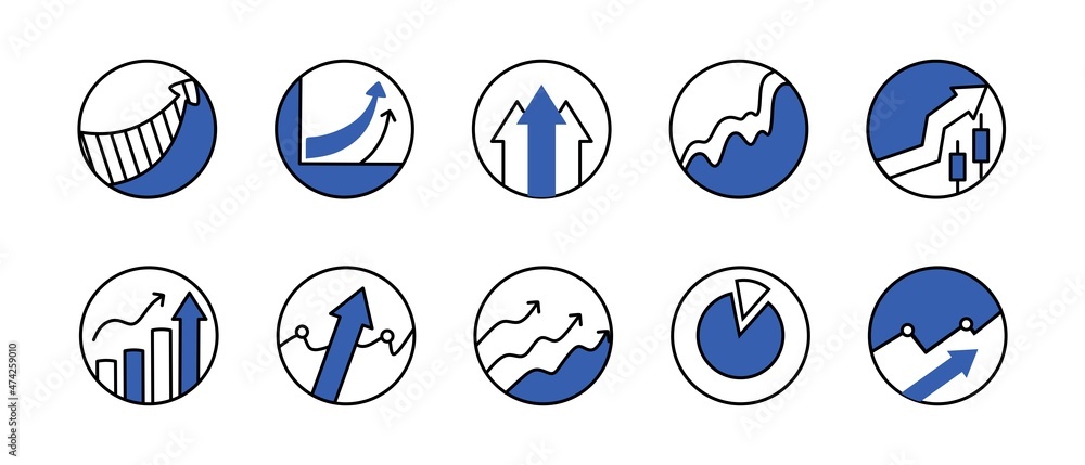 A set of icons for graphs and diagrams in a vector. Analytics and financial symbols are blue. Vector illustration A set of icons for graphs and diagrams in a vector. Analytics and financial symbols are blue. Vector illustration
