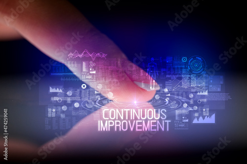 Finger touching tablet with web technology icons concept