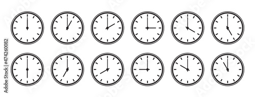 A set of clocks that show different times. Clock icons on white isolated background