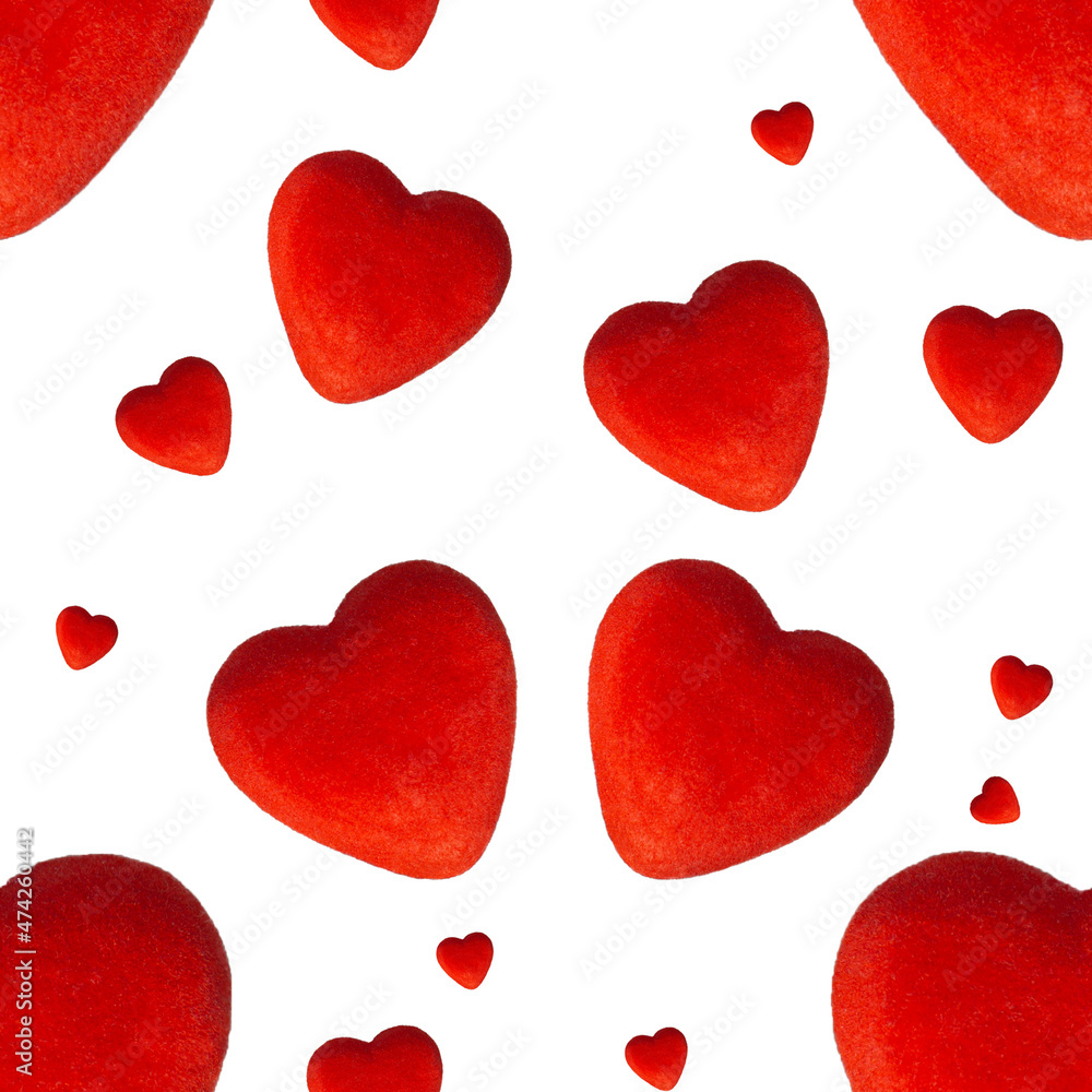 Seamless pattern of red hearts on a white background.