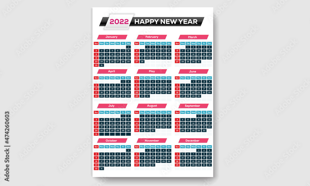 One Page modern wall calendar template design for 2022, Week starts on