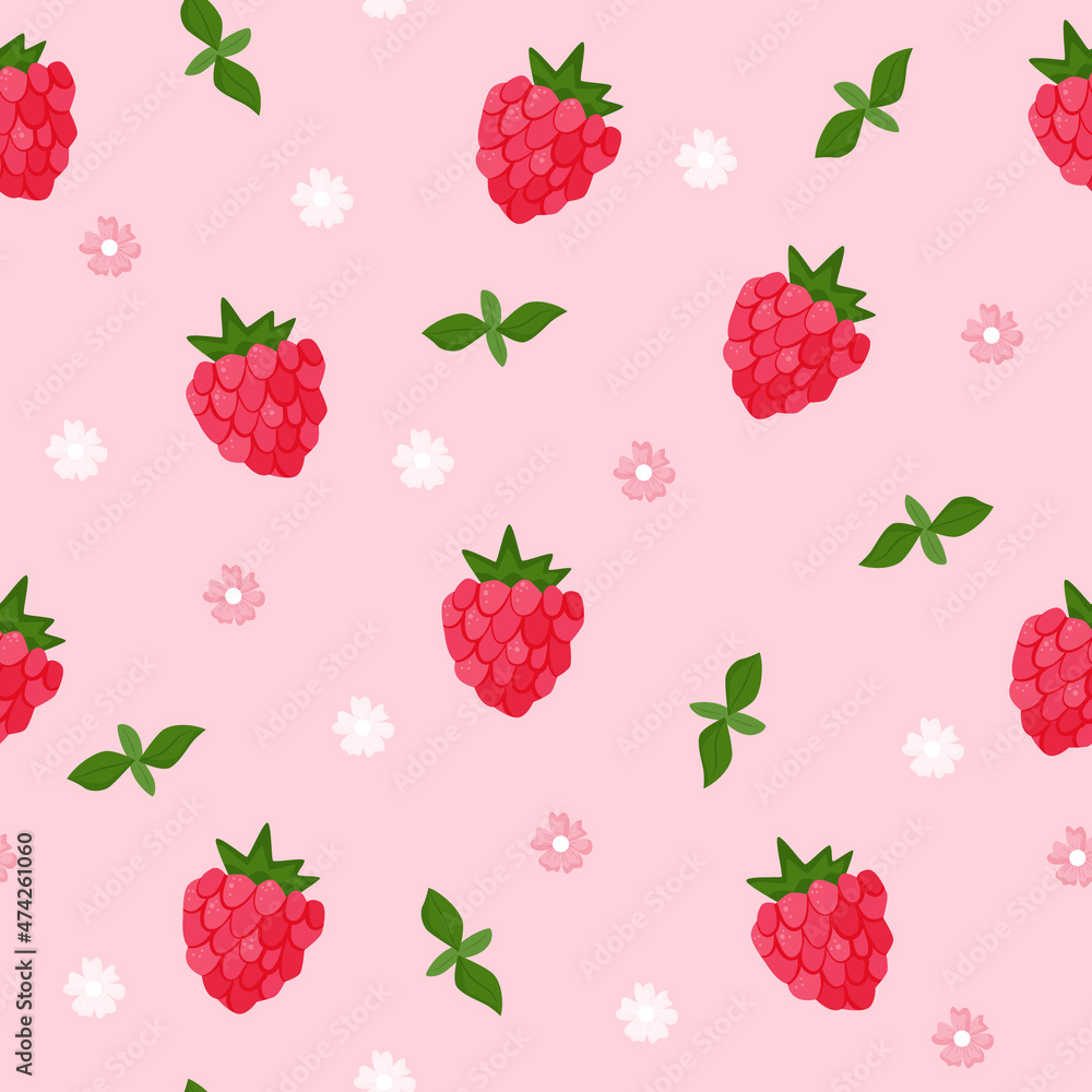 Seamless pattern of cartoon berries. Cute raspberry with leaves and flowers on pink background. Flat vector. Seamless pattern of cartoon berries. Cute raspberry with leaves and flowers on pink background. Flat vector.