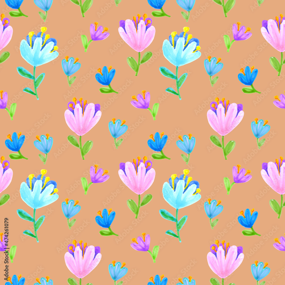 Seamless pattern of flowers drawn with markers on a Calming Coral background. For fabric, sketchbook, wallpaper, wrapping paper. Seamless pattern of flowers drawn with markers on a Calming Coral background. For fabric, sketchbook, wallpaper, wrapping paper.