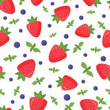 Seamless pattern of cartoon berries. Cute strawberry with leaves and blueberries on white background. Flat vector.