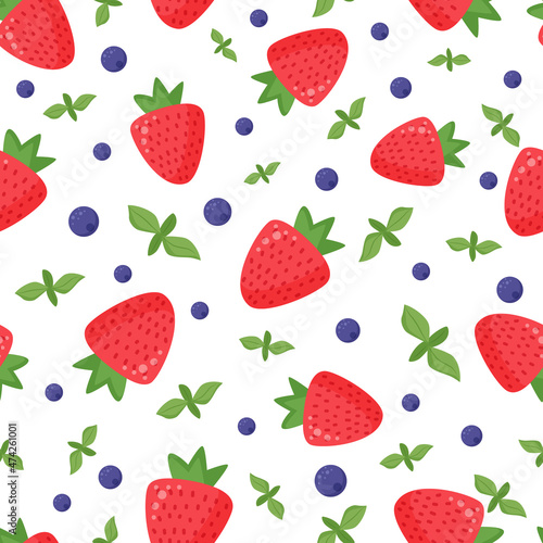 Seamless pattern of cartoon berries. Cute strawberry with leaves and blueberries on white background. Flat vector.