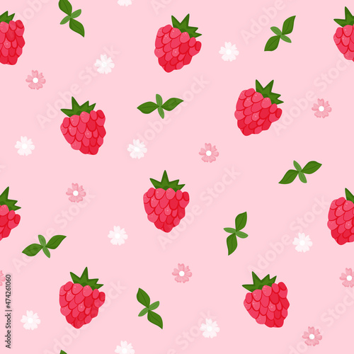 Seamless pattern of cartoon berries. Cute raspberry with leaves and flowers on pink background. Flat vector.