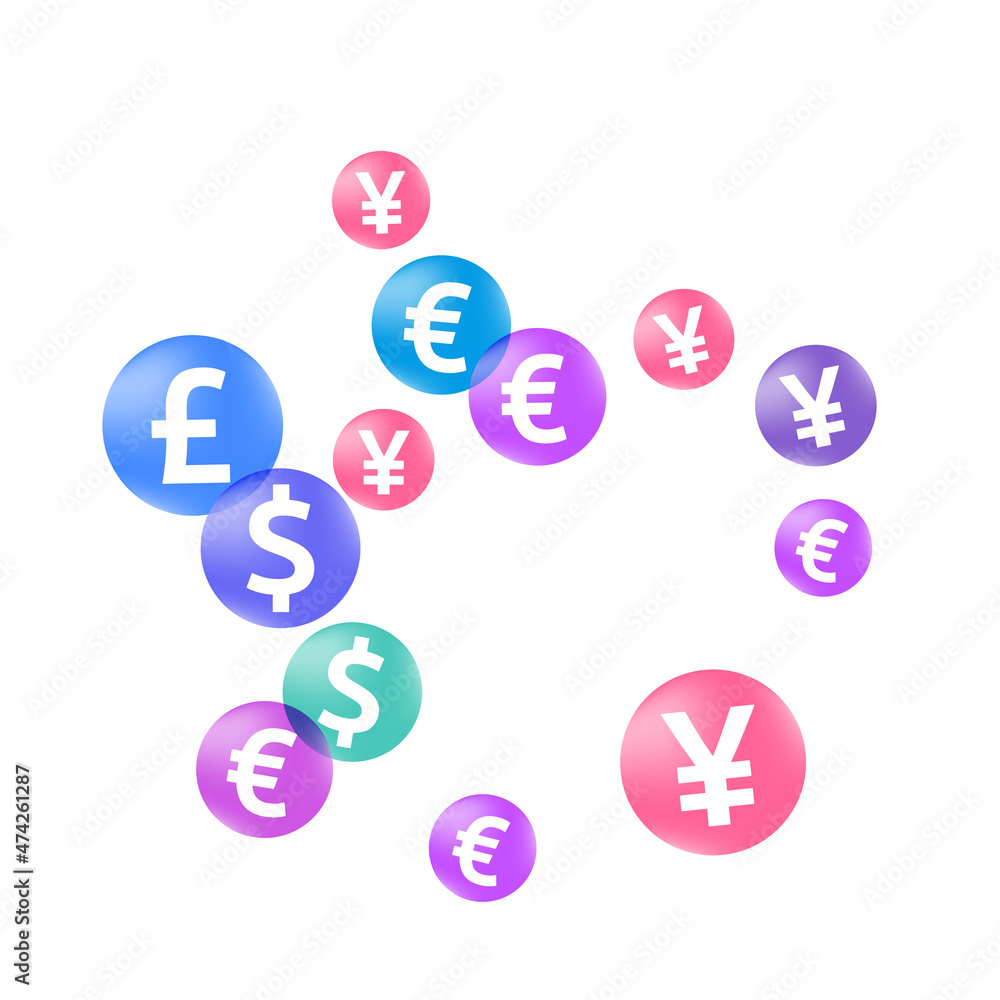 Euro dollar pound yen circle signs scatter money vector design. Marketing concept. Currency icons Euro dollar pound yen circle signs scatter money vector design. Marketing concept. Currency icons