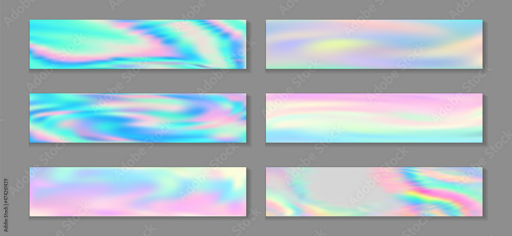 Fototapeta premium Hologram vivid flyer horizontal fluid gradient mermaid backgrounds vector collection. Silk