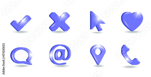 Universal web icons for Mobile and Web in trendy very peri colors. Set of volumetric 3d   icons on a white background for websites and applications. Vector.